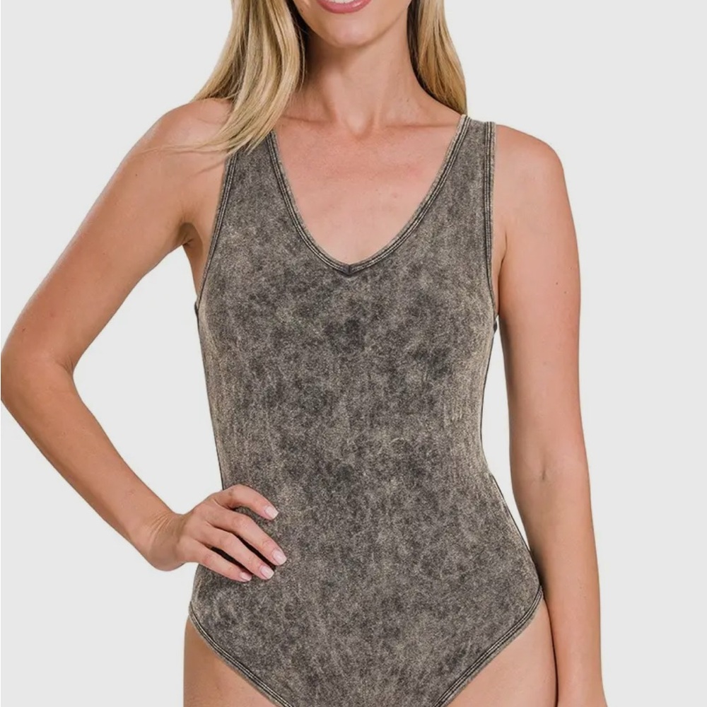 Zenana Outfitters Mocha Acid Wash Bodysuit